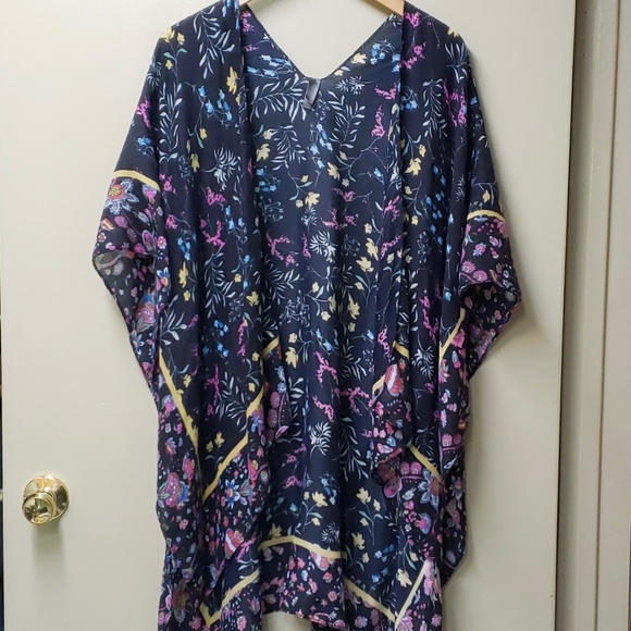 Print Dark Blue Multi Colour Summer Open Front Poncho - Picture 1 of 5
